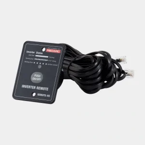 Black REDARC inverter REMOTE-RS with an on/off button, status indicators, and connected cables ending in RJ-45 connectors.