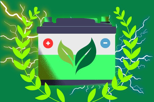green-themed battery illustration with eco-friendly leaf symbols, surrounded by electricity and foliage