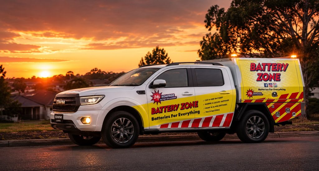 Battery Zone roadside battery replacement service vehicle at sunset, Pakenham Victoria